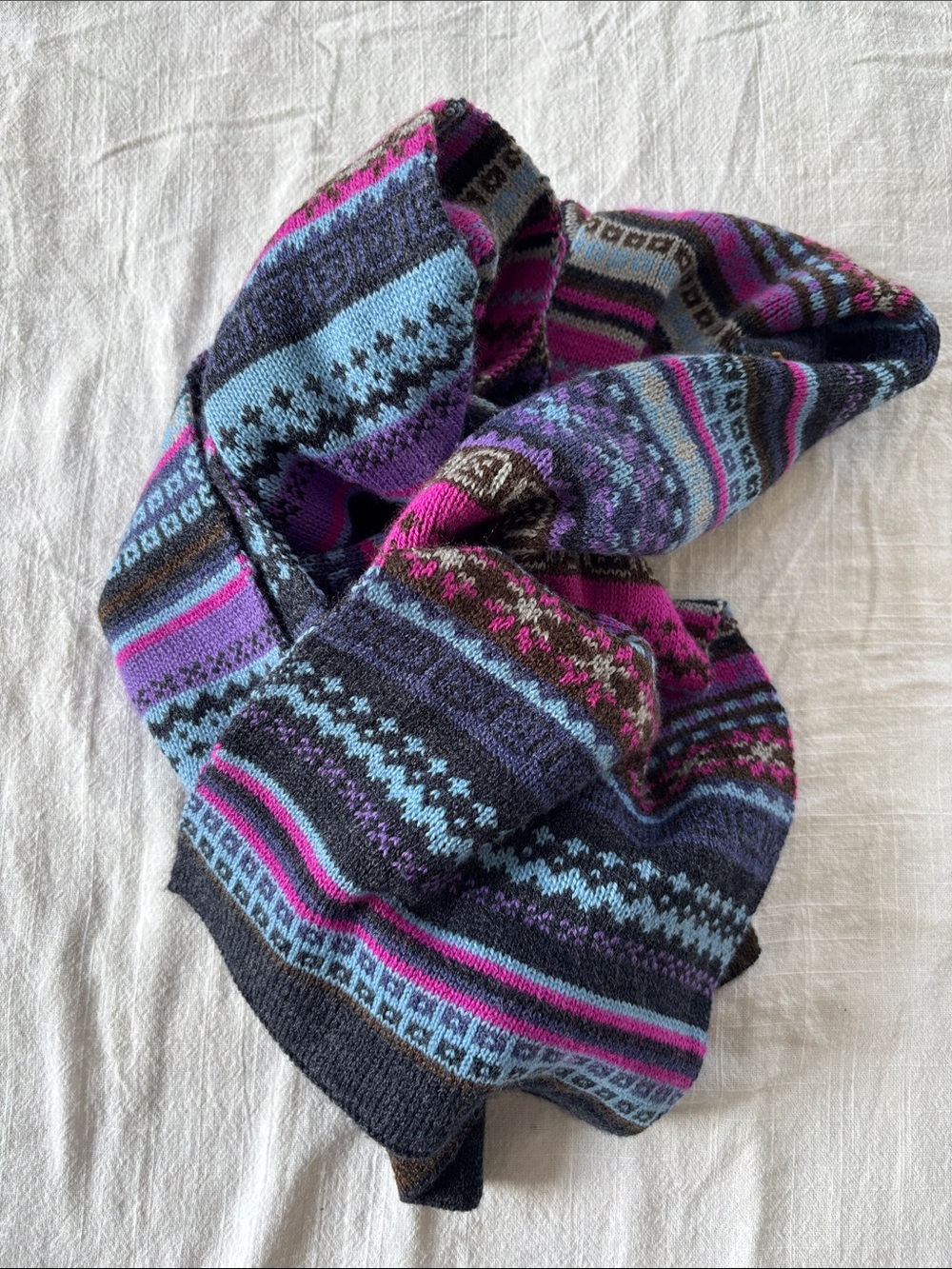 Wool (merino? cashmere?) fair isle scarf, pink/purple/blue/brown, 8x62”